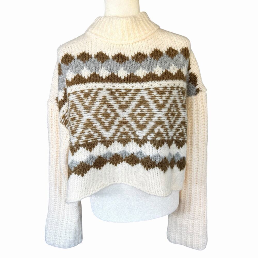 Free People Womens Cropped Wool Alpaca Sweater S Ivory Bohemian Cabincore NWT